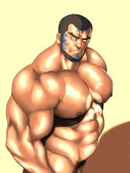 1boy abs bara beard beefy biceps big_breasts big_pecs black_hair blue_paint bodybuilder breasts brown_nipples erect_nipples facepaint facial_hair huge_pecs human human_only looking_at_viewer male male_chest male_focus male_nipples male_only manboobs matt_(pokemon) muscle muscles muscular muscular_male nipples nude nude_male pecs pectorals penis pokemon pokemon_oras pubic_hair rabbit_(artist) rabbit_(pixiv744412) shiny_skin six_pack solo solo_focus solo_male standing tan tan_body tan_skin tanline thick_eyebrows toned toned_body toned_male yellow_background