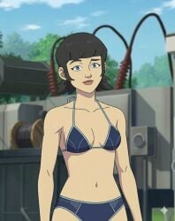 1girls ai_generated bikini black_hair blue_bikini blue_eyes breasts dark_blue_bikini female invincible invincible_(tv_series) light-skinned_female light_skin outdoors screencap small_breasts solo solo_female standing tagme tech_jacket tech_jacket_(zoe_thompson)