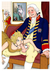 1girls 2018 blush closed_eyes england fellatio hamilton hamilton_musical history huge_cock king king_george_iii penis public_domain queen_charlotte revolutionary_war royalty straight uniform