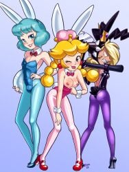 1boy 2girls androgynous animal_ears aqua_eyes axe blonde_hair blue_eyes blue_hair breasts bunny_ears bunnysuit crown femboy feminine_male makeup mario_(series) new_super_mario_bros._u_deluxe nintendo pantyhose peachette playboy_bunny prince_haru sharp_teeth shaxbert super_crown super_mario_bros.:_peach-hime_kyushutsu_dai_sakusen! super_mario_bros._(1986_anime) tease tongue tongue_out wapeach