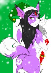 1futa ass balls big_balls big_butt black_hair christmas dickgirl digimon dorumon erection fluffy fluffy_tail fox_tail fur futanari hair hat holidays homicidal-hobbit intersex no_humans penis purple_fur purple_skin santa_hat solo solo_futa stripes white_fur white_skin wings