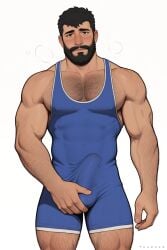 1boy 2d ai_assisted arm_hair aslan_(thumosx) bara beard black_hair blush body_hair brown_eyes bulge bulge_grab chest_hair covered_nipples dark-skinned_male detailed erection_under_clothes facial_hair gay hairy human leg_hair looking_at_viewer looking_down male male_focus male_only muscular muscular_male pleading pleading_eyes simple_background singlet solo standing thumosx white_background wrestling wrestling_clothing wrestling_out wrestling_outfit