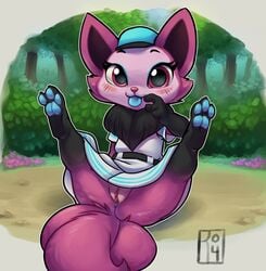 2018 anthro anus blush canine clothing cute detailed_background digital_media_(artwork) female fox fur furry hat mammal multi_tail pawpads pink_fur pussy reign-2004 skirt solo telemonster tongue tongue_out tree tuft upskirt yossi