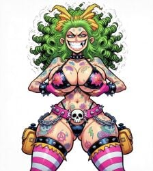 ai_generated big_breasts bikini collar gertrude_(i_hate_fairyland) green_hair i_hate_fairyland legwear missing_tooth nipple_cutout nipple_piercing nipple_slip simple_background smile spiked_collar striped_legwear tattoo thick_thighs thong white_background