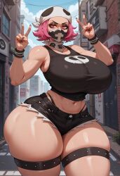 ai ai_art ai_generated alley bandana civitai denim_shorts hankerchief high_waisted_thong hourglass_figure hourglass_figured_female jean_shorts large_ass large_breasts neckerchief peace_sign pink_eyes pokemon pokemon_sm ripped_shorts skull_grunt tank_top team_skull team_skull_grunt team_skull_grunt_(female) thigh_strap thong wristband
