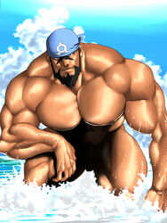 1boy archie_(pokemon) bara beach beard flaccid male male_focus male_only muscle nude outdoors penis pokemon pokemon_oras rabbit_(artist) rabbit_(pixiv744412) solo tagme team_aqua water