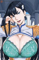 ai_generated anime blue_eyes blue_eyes_female blue_hair blue_hair_female bra cidrex clothed clothed_female eager eager_female female female_focus female_only flirting flirting_with_viewer green_bra happy happy_female kill_la_kill kiryuuin_satsuki light-skinned_female light_skin looking_at_viewer mole mole_under_eye opened_shirt smirk smirking smirking_at_viewer solo solo_female solo_focus