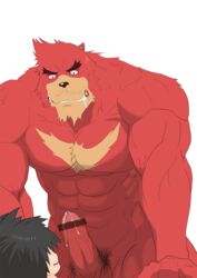 2boys abs cum furry interspecies kumatetsu kyuta male_focus male_only multiple_boys muscle naughty_face nude size_difference straddling the_boy_and_the_beast yaoi