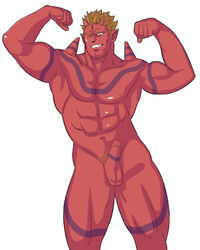 1boy bara demon flexing incubus male male_focus male_only muchi_yuki muscle penis presenting red_skin smile solo tattoo teeth testicles