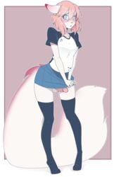 anthro balls blonde_hair blue_eyes blush clothed clothing crossdressing erection feline fur futanari girly hair heart intersex legwear looking_at_viewer male mammal mimi open_mouth penis red_fur shirt shy skirt solo standing suelix thigh_highs white_fur