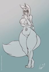 2017 anthro areola ass bantar2 big_breasts big_butt blush breasts canine digital_media_(artwork) female fox fur hair mammal nipples nude pussy simple_background solo thick_thighs white_fur