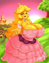 absurd_res animatronic avian big_breasts bird blonde_hair blush breasts castle chica_(fnaf) chicken chiku_(cryptiacurves) closed_eyes clothed clothing collar crown curvy_figure detailed_background digital_media_(artwork) dress five_nights_at_freddy's flower fredina's_nightclub galliform glistening grass hair hi_res hill huge_breasts long_hair machine mammal pearl_necklace phasianid picnic_basket pink_dress robot scottgames shrub signature smile solo sunflower sunset tree yellow_body