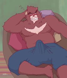 1boy blush bulge crotch erection furry kumatetsu male_focus male_only sitting solo the_boy_and_the_beast topless