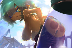 hideyoshi_(swliyhbpe9xqqze) 1girl 1girls background big_ass blue_hair clothing cloudy_sky day eyes_covered freckles freckles_on_ass freckles_on_face mechanic_(splatoon_raiders) nintendo pov red_eyes short_hair shortstack large_breasts splatoon splatoon_(series) splatoon_raiders sweaty_body video_games looking_at_viewer looking_back