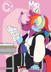 ... ? ?! animal_genitalia animal_penis anthro anthrofied blush check_mark cheerilee_(mlp) desk dickgirl duo equine_penis female friendship_is_magic futa_on_female futanari handjob horsecock intersex intersex/female my_little_pony paper penis precum rainbow_dash_(mlp) sex student teacher teacher_and_student tsudanym