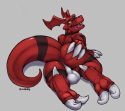 2020 absurd_res anthro anus ass balls bandai_namco black_body digimon digimon_(species) genitals grey_background guilmon head_wings hi_res looking_back lying male male_anthro mintyderg nude nude_anthro nude_male on_front open_mouth presenting presenting_anus presenting_hindquarters rear_view red_body simple_background solo spread_butt spreading tail teeth tongue unusual_wing_placement white_body wings yellow_eyes