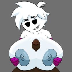areola arm_gloves blue_areola breasts breasts_focus busty_male dark-skinned_male dr_gol. eyebrows_visible_through_hair front_view gay gay_paizuri gol_(dr_gol) gray_background humanoid large_breasts male/male male_focus male_pov male_with_breasts mob_face nipples paizuri penis penis_between_breasts pov precum precum_bubble self_insert self_upload short_hair smug_grin squishing_breasts titjob white_hair white_skin