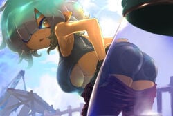 hideyoshi_(swliyhbpe9xqqze) 1girl 1girls background big_ass blue_hair clothing cloudy_sky day eyes_covered freckles freckles_on_ass freckles_on_face mechanic_(splatoon_raiders) nintendo pov red_eyes short_hair shortstack large_breasts splatoon splatoon_(series) splatoon_raiders sweaty_body video_games looking_at_viewer looking_back