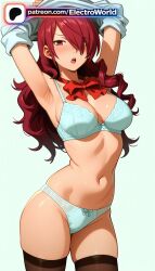 1girls 2026 ai_generated aqua_background armpits artist_name blue_bra blue_panties bow bra breasts bust chest electroworld female gradient gradient_background hair_over_one_eye hi_res high_quality high_resolution highres long_hair mitsuru_kirijo navel open_mouth panties patreon patreon_username persona persona_3 red_bow red_eyes red_hair solo stable_diffusion thighhighs thighs underwear undressing watermark