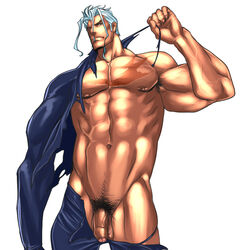 1boy bara foreskin male_focus male_only muscle penis rabbit_(artist) rabbit_(pixiv744412) scar silver_hair solo tagme tattoo undressing