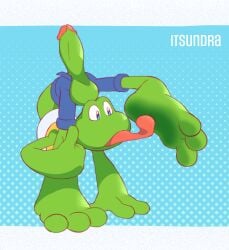 amphibian anthro contortionism erection feet flexible foot_fetish foot_lick frog frogger frogger_(character) green_body hi_res itsundra konami licking long_tongue male self_lick solo tongue
