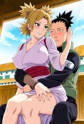 1boy 1girls ai_generated aroused beard before_sex between_legs big_breasts black_hair blonde_hair blush blush_lines breast_focus breasts breasts_bigger_than_head busty canon_couple cleavage clothing cuddling embarrassed erect_nipples erect_nipples_under_clothes female goatee grabbing grabbing_from_behind hug hugging hugging_from_behind kimono male male/female nara_shikamaru naruto naruto_(series) naruto_shippuden naughty naughty_face naughty_smile nervous nervous_face nervous_sweat nipple_bulge no_bra off_shoulder pants quad_tails sagging_breasts secreart shirt sitting sitting_on_lap sweat sweatdrop teasing teenager temari voluptuous yukata