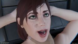 1girls 2boys ahe_gao anal big_breasts choking cleavage close-up commander_shepard eyes_rolling_back femshep freckles green_eyes hands_behind_head jane_shepard laying_down lips mass_effect nude open_eyes open_mouth penetration red_hair rotosama sex sweat sweatdrop sweating