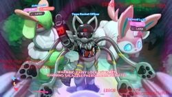 16:9 2026 4k absurd_res animate_inanimate anthro aquatic avii_cinderfeather_(squid_dog) biped bitchsuit black_collar black_pawpads black_sclera bondage_gear bottomless canid canine canis cephalopod changed_(video_game) clothed clothing coleoid collar corruption costume decapodiform detailed_background digital_media_(artwork) domestic_dog eeveelution english_text featureless_crotch first_person_view future_pokemon gameplay_mechanics generation_3_pokemon generation_6_pokemon generation_9_pokemon group gui hat headgear headwear health_bar hi_res hybrid kirlia latex latex_clothing latex_hat legendary_pokemon level_number living_plushie looking_at_viewer male mammal miraidon mollusk nintendo paradox_pokemon pawpads plushie plushsuit pokemon pokemon_(species) pokemon_costume sexotheque squid squid_dog_(changed) sylveon team_rocket text user_interface widescreen