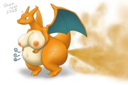 2025 anthro areola belly big_belly big_breasts blue_eyes breasts charizard drain_scat fart fart_cloud female generation_1_pokemon hi_res holding_belly huge_fart multicolored_body navel nintendo nipples nude orange_body pokemon pokemon_(species) rumbling_stomach simple_background solo tan_body two_tone_body white_background wings