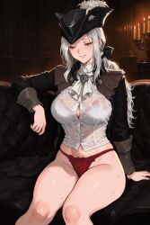 1female 1girls 2026 ai_assisted ai_generated background big_breasts bloodborne blush blushing_female breasts chair clothed_female clothing female female_focus female_only fromsoftware green_eyes half-closed_eyes lady_maria_of_the_astral_clocktower large_breasts light-skinned_female light_skin long_hair nipples panties ponytail pose posing red_panties see-through see-through_clothes see-through_clothing see-through_shirt sitting sitting_on_chair smile smiling sweat sweating sweaty_body thick_thighs tired tired_eyes tricorne uncensored video_game video_game_character video_game_franchise video_games white_hair
