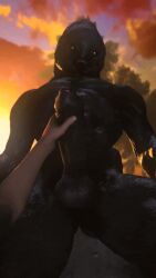 alien alien_boy animated anthro balls ballsack big_balls big_penis first_person_view foreskin furry gif glans grey_body grey_skin halo_(game) halo_(series) handjob huge_cock looking_at_viewer loop looping_animation male_focus muscular muscular_male outside penis pov rooking sangheili shorter_than_10_seconds sunset uncircumcised uncut video_games xenophilia