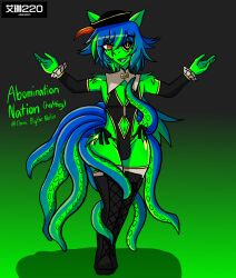 1boy 2026 abomination_nation airiin220 belly_button blue_hair boots bulge eye_patch eyepatch horse_race_tests hybrid leotard male male_only open_mouth red_eyes tentacle tentacle_tail thick_thighs wide_hips