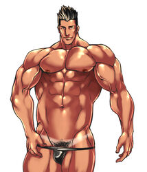 1boy bara male_focus male_only muscle rabbit_(artist) rabbit_(pixiv744412) smile solo tagme tan tanline undressing