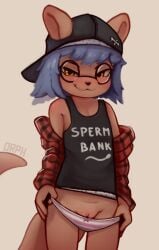 1girls 2026 anthro anthro_female anthro_only anthro_solo artist_name blue_hair blush blushing brown_body brown_fur clothed clothing cub english english_text eyebrows eyewear fangs female female_cub female_only fur furry furry_female furry_only genitals glasses hat headwear looking_at_viewer mammal mochi_(orphira) mustelid musteline orphira otter otter_girl panties panties_down partially_clothed simple_background solo solo_anthro solo_female standing teasing teasing_viewer teeth text topwear underwear underwear_down url vulva yellow_eyes young young_anthro young_female younger_female