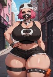 ai ai_art ai_generated alley bandana civitai denim_shorts grey_eyes hankerchief hourglass_figure hourglass_figured_female jean_shorts large_ass large_breasts neckerchief painted_nails pink_hair pokemon pokemon_sm ripped_shorts skull_grunt studded_belt tank_top team_skull team_skull_grunt team_skull_grunt_(female) thick thick_ass thick_thighs thigh_strap wide_hips wristband