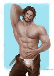 1boy armpit_hair bara blizzard_entertainment body_hair bulge cole_cassidy crotch facial_hair human male male_focus male_only muscle overwatch partially_clothed presenting shirtless solo topless underwear undressing vian white_underwear yaoi