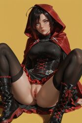1girls ai_generated black_hair boots cape cloak female female_only gradient_hair looking_at_viewer no_panties pussy ruby_rose rwby shaved_pussy short_hair silver_eyes solo solo_female tagme
