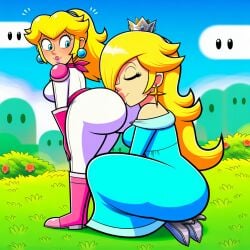 2girls ai_generated blonde_hair blue_eyes blue_eyes_female bodysuit closed_eyes clothed clothed_female crouching crown dress eyes_closed face_in_ass face_in_butt female female/female female_only full_body full_body_view grass grass_field jumpsuit kissing_ass kissing_butt light-skinned_female light-skinned_females long_hair mario_(series) nintendo novelai outdoors outside platinum_blonde_hair ponytail princess princess_peach princess_rosalina royalty side_view sisters sitting sitting_down standing super_mario_bros._(2023_film) super_mario_galaxy_(2026_film) white_bodysuit white_jumpsuit yuri