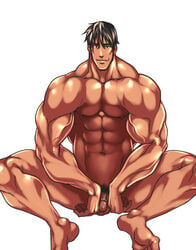 1boy bara barefoot flaccid male_focus male_only muscle nude penis rabbit_(artist) rabbit_(pixiv744412) sitting smile solo tagme