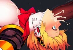 1boy 1girls ai_generated aigis_(persona) android atlus big_breasts blonde_hair blue_eyes blush bow breasts clothed_female_nude_male cum cum_in_mouth cum_on_breasts cum_on_face face_fucking fellatio female forehead gagging head_tilt interracial large_penis lying on_back oral oral_penetration overflow overflowing_cum penis persona persona_3 red_bow short_hair throat_bulge throat_fuck