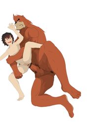 2boys abs anal anus ass erection furry interspecies kumatetsu kyuta lying male_focus male_only multiple_boys muscle penis size_difference testicles the_boy_and_the_beast yaoi younger_male