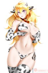 1girls alternate_costume ass_visible_through_thighs bikini blonde_hair breasts busty collar colored cow_ears cow_horns cow_print cow_print_bikini cowbell cowgirl curvy curvy_figure fondling fondling_breast fondling_self gloves huge_breasts kimmy77 leggings long_hair looking_at_viewer navel open_mouth purple_hair rooster_teeth rwby swimsuit tagme thick_thighs thighs viz_media yang_xiao_long