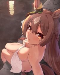 1girls animal_ears blush braid breasts brown_eyes brown_hair commentary double-parted_bangs ear_ornament english_commentary female female_only from_above hair_between_eyes half_up_braid highres horse_ears horse_girl horse_tail large_breasts long_hair looking_at_viewer melotere multicolored_hair naked_towel nipples onsen parted_lips satono_diamond_(umamusume) solo streaked_hair tail towel umamusume very_long_hair