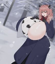 1girls azur_lane breast_expansion comic cow_ears cow_horns cow_print cowpens_(azur_lane) cowpens_(milky_ministrations)_(azur_lane) enormous_breasts female female_focus female_only hitama hyper hyper_breasts snow snowing textless winter
