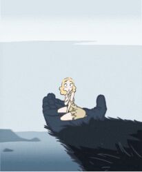 amazed animated ann_darrow arm_on_breast blonde_female blonde_hair exposed_breast gif king_kong king_kong_(series) kneeling rotating sitting_on_hand size_difference smaller_female staring_at_another tattered_clothing