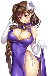 blush braid brown_eyes brown_hair cleavage dress elbow_gloves female gloves hair_ornament huge_breasts kanpani_girls legs long_hair mole mole_under_eye panties princess seductive_smile shirayuri_sakura side-tie_panties smile tagme