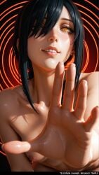 1girl ai_generated black_hair breasts chainsaw_man closeup concentric_circles female female_only glossy_skin hand_focus looking_at_viewer nayuta_(chainsaw_man) nude orange_eyes palm_towards_viewer portrait red_background shiny smile solo spiral_eyes velairi_kim