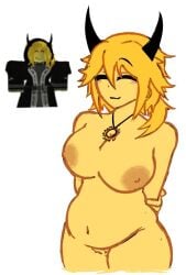 1girls artist_request big_breasts blush breasts chubby chubby_female happy horns huge_breasts naked naked_female necklace nipples reference_image roblox roblox_avatar robloxian smile solo solo_female solo_focus tagme thick_thighs tummy tummy_bulge wide_hips yellow_hair yellow_skin