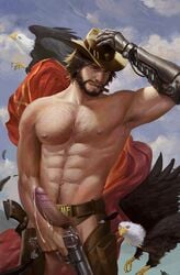 1boy abs armpit_hair bara big_penis blizzard_entertainment body_hair cole_cassidy cowboy cum erection facial_hair firearm handgun hat human male male_focus male_only muscle outdoors overwatch penis presenting revolver solo vian weapon yaoi