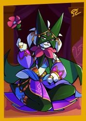 alvh_omega anthro arabian_clothes bells belt bracelets cat_humanoid clothed collar color curtains female_only flower furry_female gem green_fur hi_res jewelry kneeling layered_clothing levitating_object looking_at_viewer mask masked_female meowscarada mischievous_smile nintendo not_porn pokemon pokemon_(species) red_eyes ring sfw slender_body solo_female